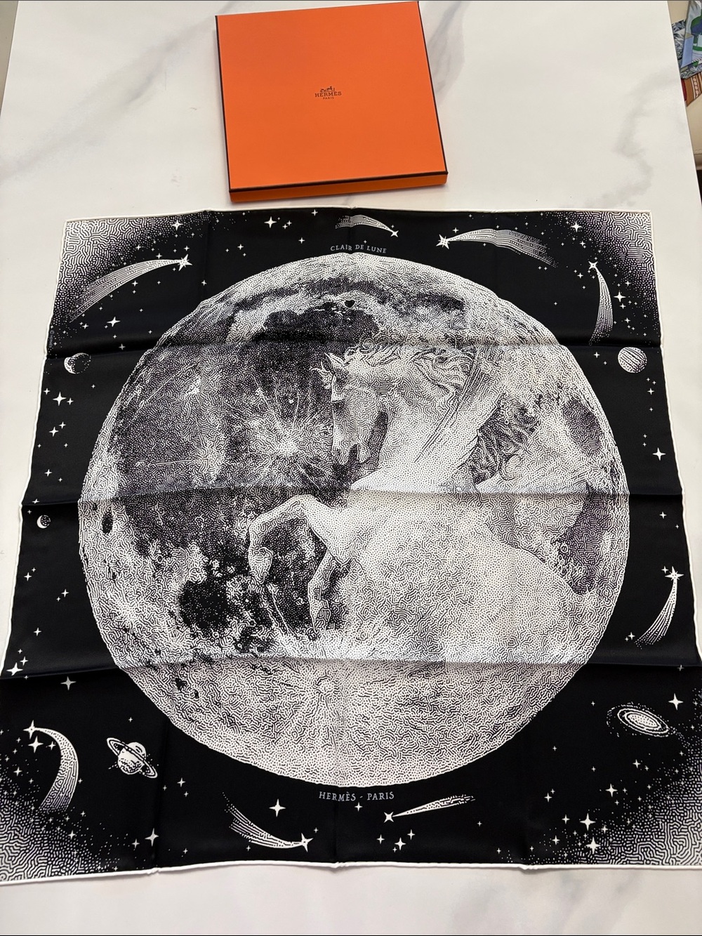 Hermes Black and White 'Clair de Lune' Silk Scarf 70